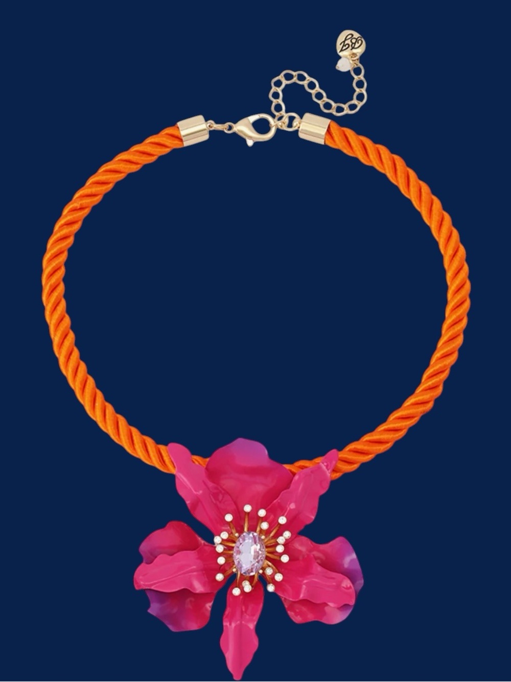 Betsey Johnson Orange Rope Necklace with Hot Pink Floral Pendant